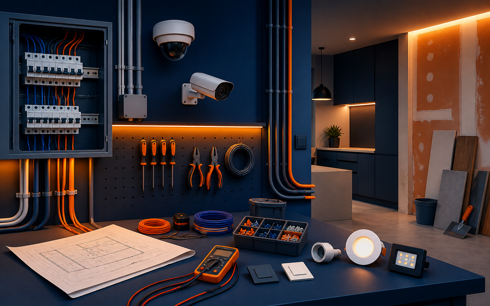 Werkbank met elektrotechniek, beveiliging en renovatiematerialen als impressie van Al Jomaa Techniek