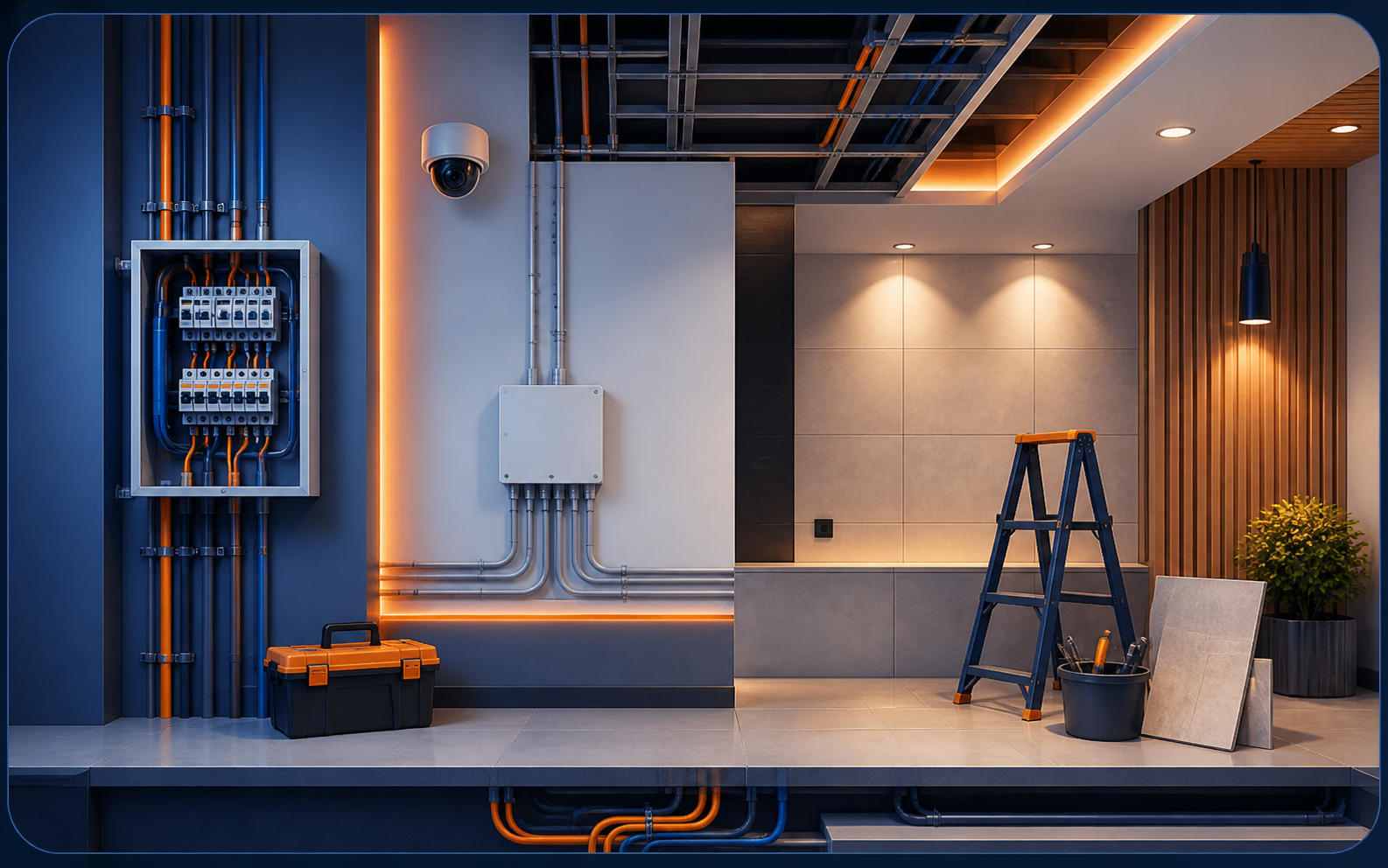 Gecombineerde elektrotechniek, camerabeveiliging en renovatie in een nette binnenruimte