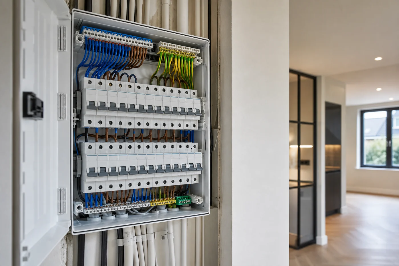 Nieuw aangelegde elektrische groepenkast in een gerenoveerde woning
