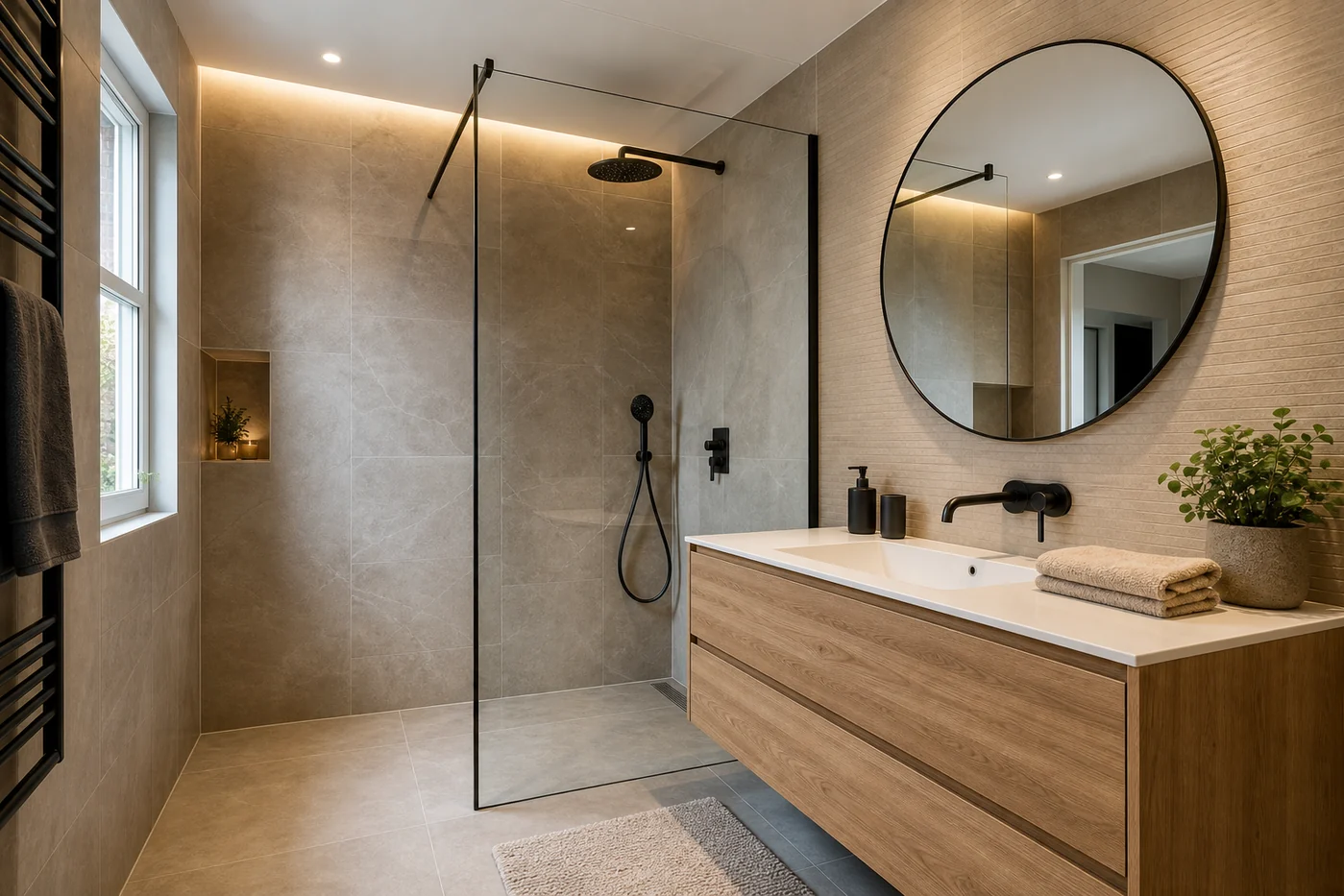 Afgewerkte moderne badkamer met inloopdouche en tegelwerk
